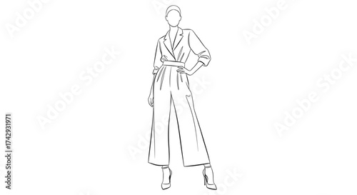 Vector line drawing of a woman in a belted jumpsuit with heels posing with hand on hip and neutral expression
