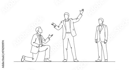 Vector continuous line drawing of three men in suits with varied poses and expressions shown clearly here