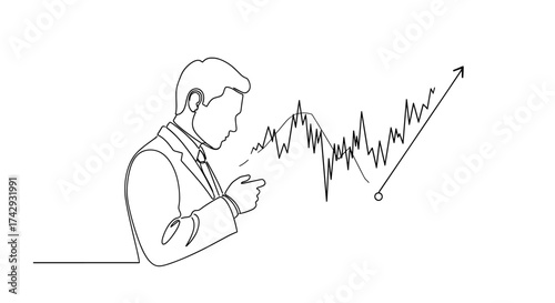 Vector continuous line drawing of a man in suit pointing at a fluctuating upward trending graph line