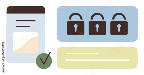 Padlocks symbolize data protection, checklist represents verification process, and login form implies authentication. Ideal for cybersecurity, privacy, access control, verification, trust, online