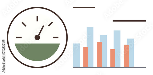Speedometer with needle and bar graph in blue and orange bars for data analysis, productivity, performance metrics. Ideal for business, research, monitoring, results, tracking, growth simple flat