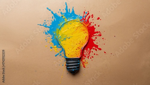 Vibrant paint splashes create creative lightbulb