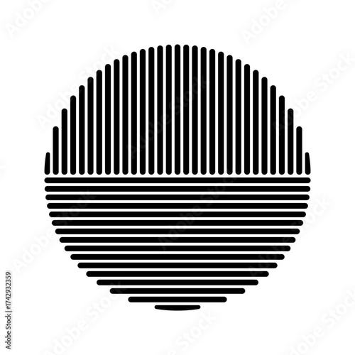 Black striped circle shape. Round streaky geometric form isolated on white background. Minimalistic design element. Sun or moon silhouette. Vector graphic illustration.