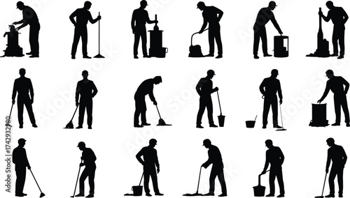 Silhouettes of cleaning staff using mop, bucket, vacuum and janitorial tools, housekeeping workers, hygiene maintenance team illustration, cleaner people vector, sanitation service