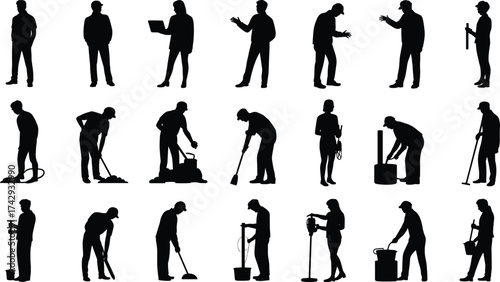 Silhouettes of cleaning workers with tools and equipment, janitorial service people, housekeeping illustration, cleaner men and women, maintenance staff vector, hygiene concept art