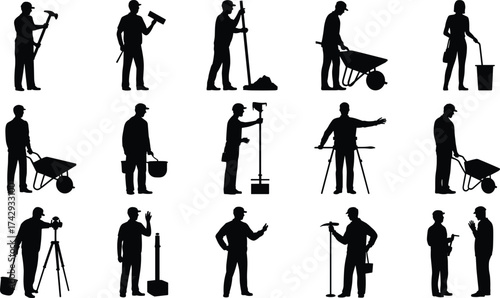 Construction workers silhouettes, builders with tools, people using wheelbarrows, workers with hammers, surveyors with tripods, road crew, site laborers, building team, engineers, manual workers