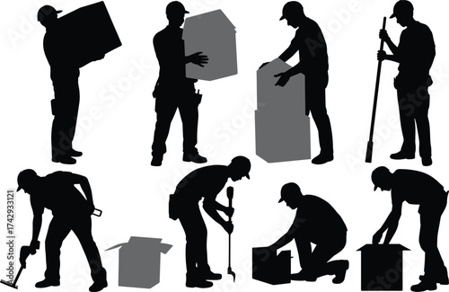 Worker silhouettes, people lifting boxes, movers carrying packages, delivery team, warehouse staff, loading crew, packaging workers, logistics staff, cargo handlers, freight team, shipping crew