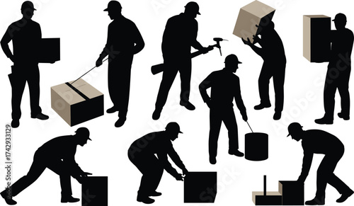Worker silhouettes, people lifting boxes, warehouse staff, movers carrying packages, delivery crew, logistics workers, shipping team, freight handlers, cargo movers, packaging staff