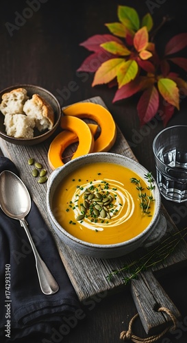 Autumn Pumpkin Soup with Toasted Pumpkin Seeds.