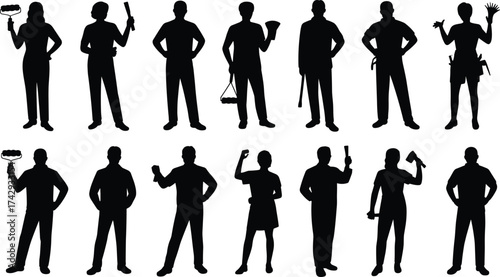 Worker silhouettes, handyman tools, painter with roller, decorator, repairman, builder, technician, mechanic, craftsman, woman with tools