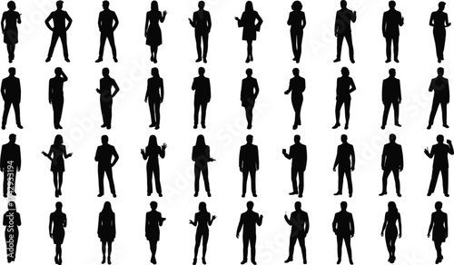 Business people, silhouettes, professionals, teamwork, standing, presentation, office staff, men and women, company team, success, communication, leadership