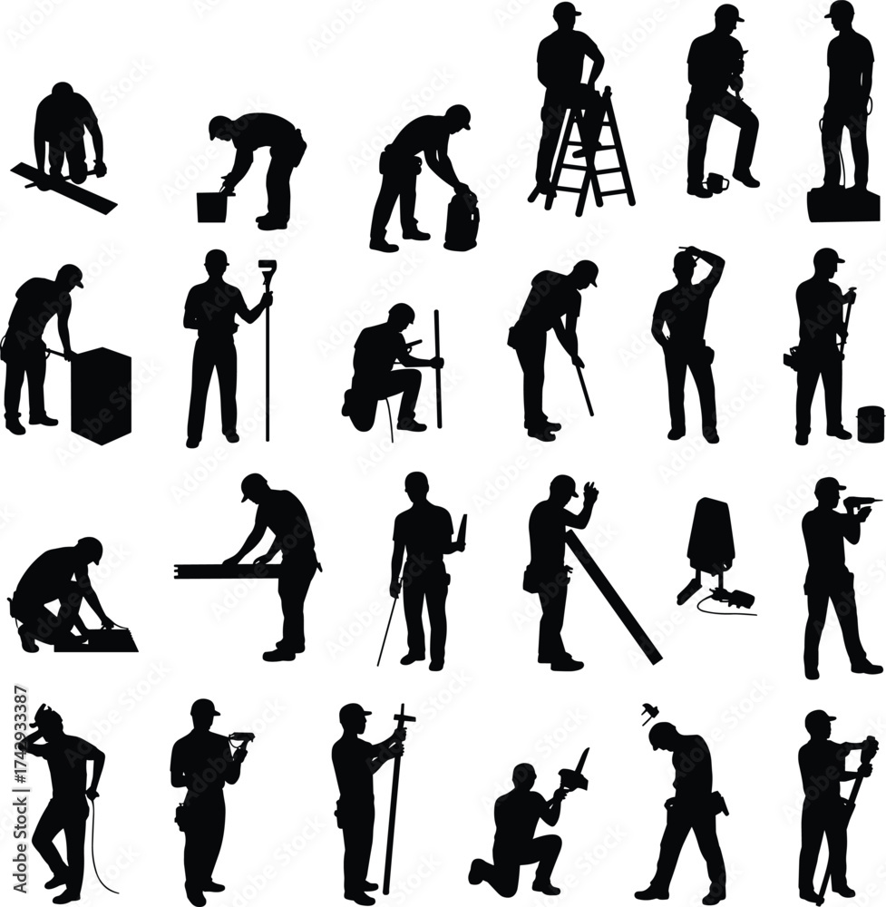 Obraz premium Construction worker silhouettes set, labor, building, engineering, craftsmanship, teamwork, industry, tools, repair, measurement, trade, occupation, site