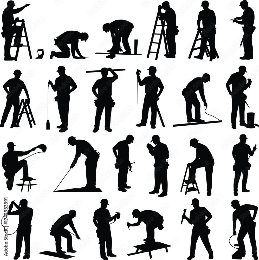 Obraz premium Construction workers silhouettes set, building, repair, engineering, manual labor, teamwork, men at work, industry, tools, craftsmanship, occupation, safety, skill, job, effort
