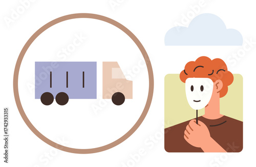 Human holding a mask symbolizing hidden identity next to truck in circular frame representing industry. Ideal for authenticity, transport, concealment, industry, identity, ethics, metaphor. Simple