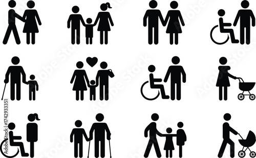 Family silhouettes, parents, children, elderly, disability, diversity, love, care, wheelchair, stroller, inclusion, relationships, generations, compassion, community