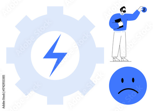 Gear with lightning bolt, person holding tablet and gear symbol, sad face. Ideal for energy, productivity, problem-solving, emotions, technology processes innovation. Simple flat metaphor