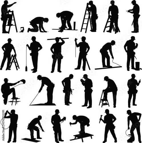 Construction workers silhouettes set, building, repair, engineering, manual labor, teamwork, men at work, industry, tools, craftsmanship, occupation, safety, skill, job, effort