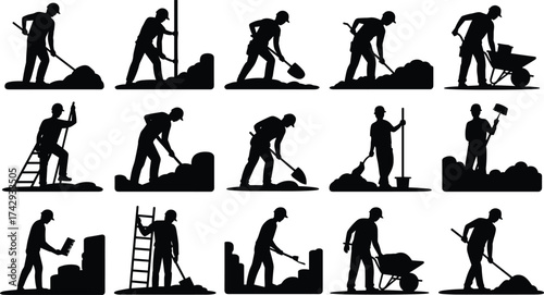 Construction worker silhouettes digging, lifting, building, and using tools, shovels, wheelbarrows, and ladders, manual labor, teamwork, excavation, and groundwork illustration