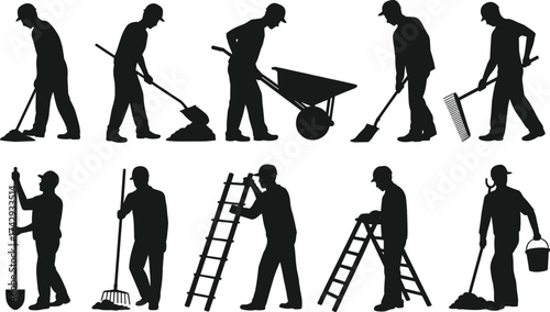 Construction and gardening worker silhouettes with shovels, rakes, ladders, and wheelbarrows, teamwork, outdoor labor, building, maintenance, groundwork, manual work illustration