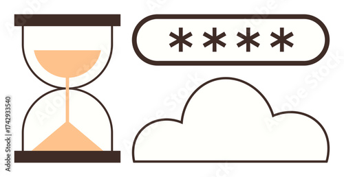 Hourglass showing passage of time, password input bar for digital security, and cloud symbol for online storage. Ideal for technology, security, time, internet, cloud storage, privacy and data