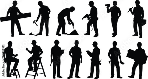 Construction workers silhouettes, builders and engineers with tools and plans, teamwork on building site, industrial labor, project development, architecture and craftsmanship illustration