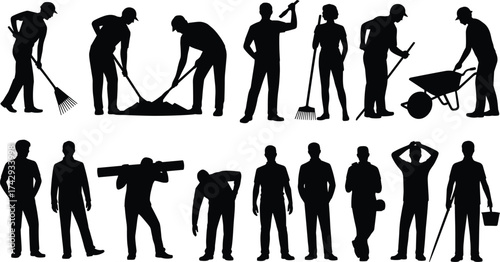 Construction workers silhouettes, teamwork at building site, laborers with tools, shovels, rakes, and wheelbarrow, hard work, industrial workforce, architecture and engineering illustration