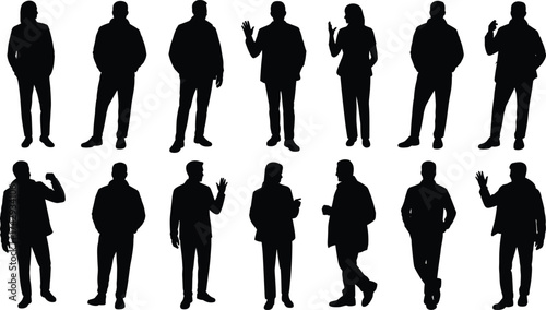 Silhouettes of business people, professional men and women, office workers communication, teamwork, leadership, conversation concept, modern corporate lifestyle, management discussion