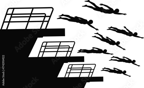 black diver silhouettes jumping from platform, synchronized swimming athletes vector illustration, high dive sports silhouettes on white background, swimming pool competition design
