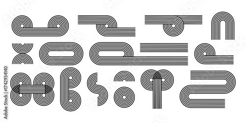 Set of geometric shapes with rainbow linear pattern. Arch, circle and looped path figures. Trendy forms in boho style. Minimalistic design elements for modern templates. Vector graphic illustration.