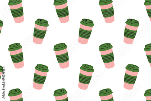 Pattern of thermos mugs. Isolated white background. Flat-style vector illustration
