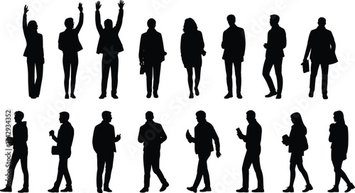 black business people silhouettes walking and standing, corporate professionals team, office workers communication illustration, teamwork concept, businessman and businesswoman vector art