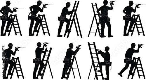black construction worker silhouettes using drill on ladder, handyman repairman holding electric tool, builder safety gear illustration, maintenance labor vector art design