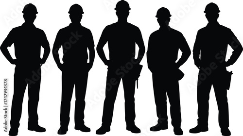 black construction workers silhouettes group standing, industrial teamwork concept, professional builders in hard hats, labor workforce unity illustration, occupation vector art