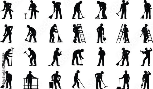 black construction workers silhouettes set, people cleaning, repairing, and building with tools and ladders, industrial labor teamwork illustration, professional occupation vector art