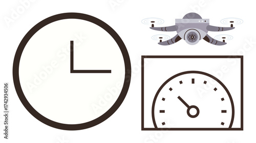 A quadcopter hovering above, accompanied by a speedometer and clock, representing time management, technology, and performance efficiency. Ideal for innovation, productivity, automation, future