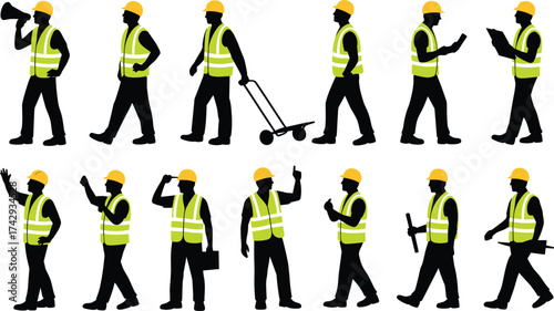 black construction worker silhouettes in yellow reflective vests and hard hats, laborers walking, reading plans, giving instructions, teamwork concept on white background