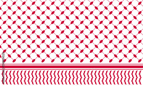 Red keffiyeh pattern. Palestinian traditional men headgear print. Geometric fabric texture. Classic arabic cloth background. Oriental textile design. Vector graphic illustration.