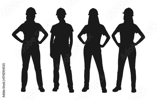 black female construction worker silhouettes standing in confident poses, women engineers and builders wearing safety helmets, vector illustration isolated on white background