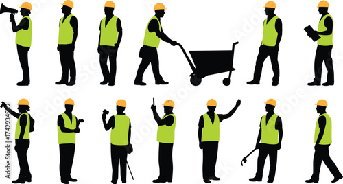 black construction worker silhouettes wearing yellow safety vests and helmets, laborers and engineers in various poses, teamwork and industry concept on white background