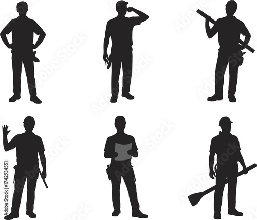 black construction worker silhouettes holding tools and blueprints, industrial engineer and builder poses, vector labor illustration isolated on white background