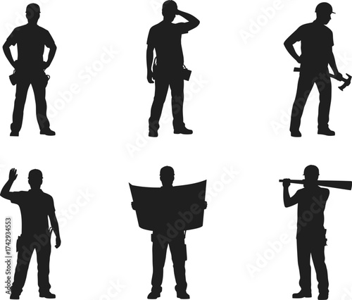 black construction worker silhouettes with tools and blueprints, industrial builder and engineer vector set, labor job poses illustration on white background