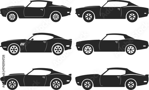 classic muscle car silhouettes collection, black vintage vehicle vector set, retro automobile side view design for automotive art, transport, and logo illustration