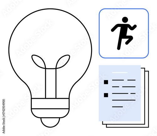Light bulb conveys innovation, checklist represents planning, and running figure signifies action. Ideal for creativity, workflow, productivity, idea generation, growth innovation teamwork. Simple