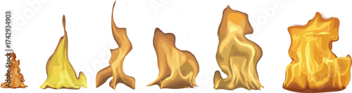 abstract fire flame shapes collection, yellow orange realistic burning flames vector, hot energy effect illustration, blazing fire design isolated on white