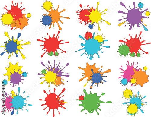 colorful paint splashes collection, abstract ink blot set, multicolor splatter stains, creative paint splash shapes, artistic color drop elements isolated illustration