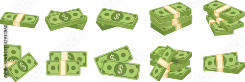 stacked dollar money bundles vector illustration, green cash pile icon set, business finance and wealth concept, isolated on white background design