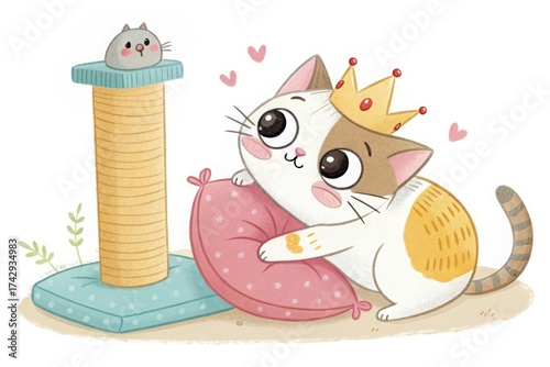 Cute cartoon cat wearing a crown plays with a pillow near a scratching post and toy mouse