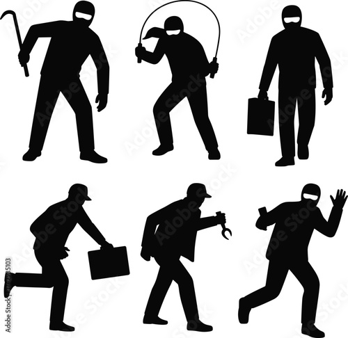 silhouette thief robber burglar stealing money, criminal with mask and briefcase, illegal activity danger crime concept people action on white background illustration