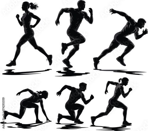 silhouette athletes running sprinting training, male and female runners in motion, sports workout fitness exercise speed competition healthy lifestyle on white background