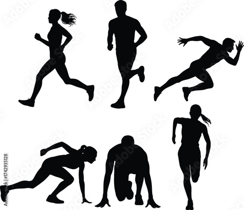 silhouette athletes running sprinting training exercise, male and female runners in motion, fitness sports workout track race healthy lifestyle on white background
